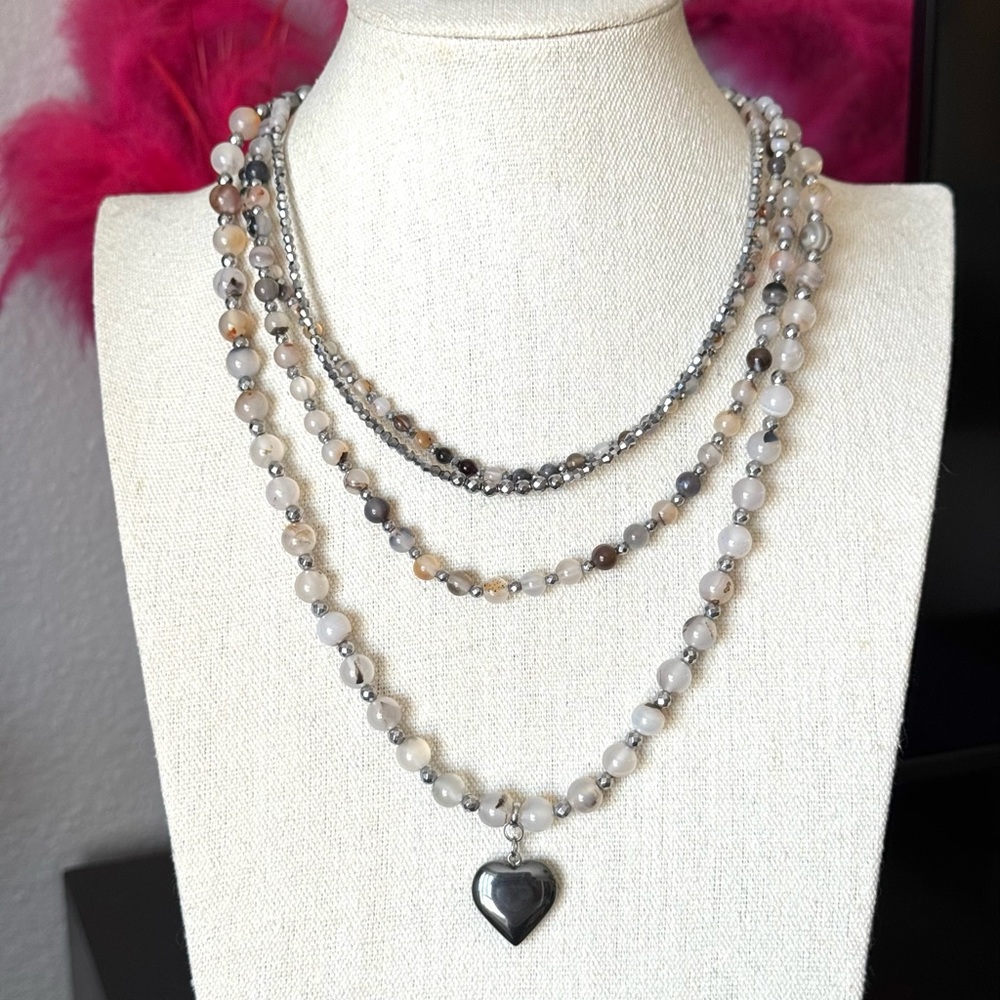 Artisan Multi-Layered Gray Necklace with Heart Pendant